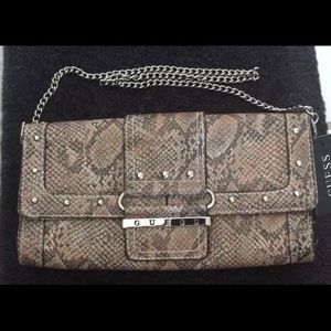 NWT GUESS Tan Clutch Handbag With Silver Chain